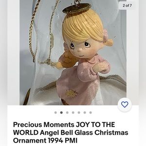 Angel bell glass ornament 1994 PMI vtg Joy to the world Precious moments
